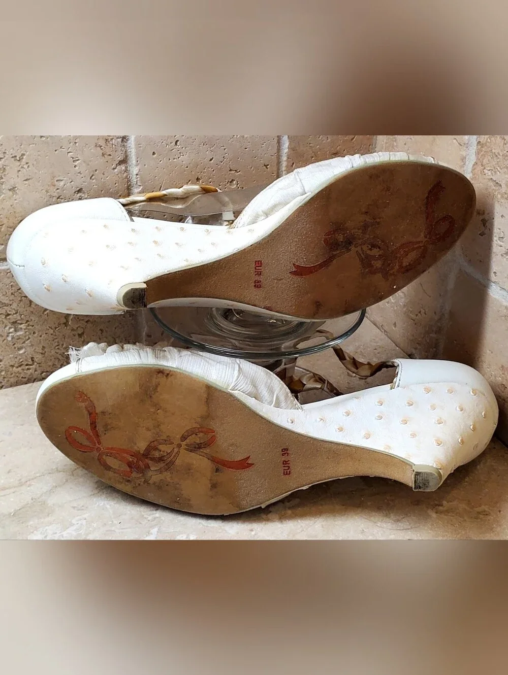 Cream Wedge Heels with Braided T-Strap and Flower Accent Sz 8 Great For Wedding